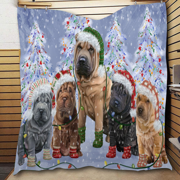 Christmas Lights and Shar Pei Dogs  Quilt Bed Coverlet Bedspread - Pets Comforter Unique One-side Animal Printing - Soft Lightweight Durable Washable Polyester Quilt