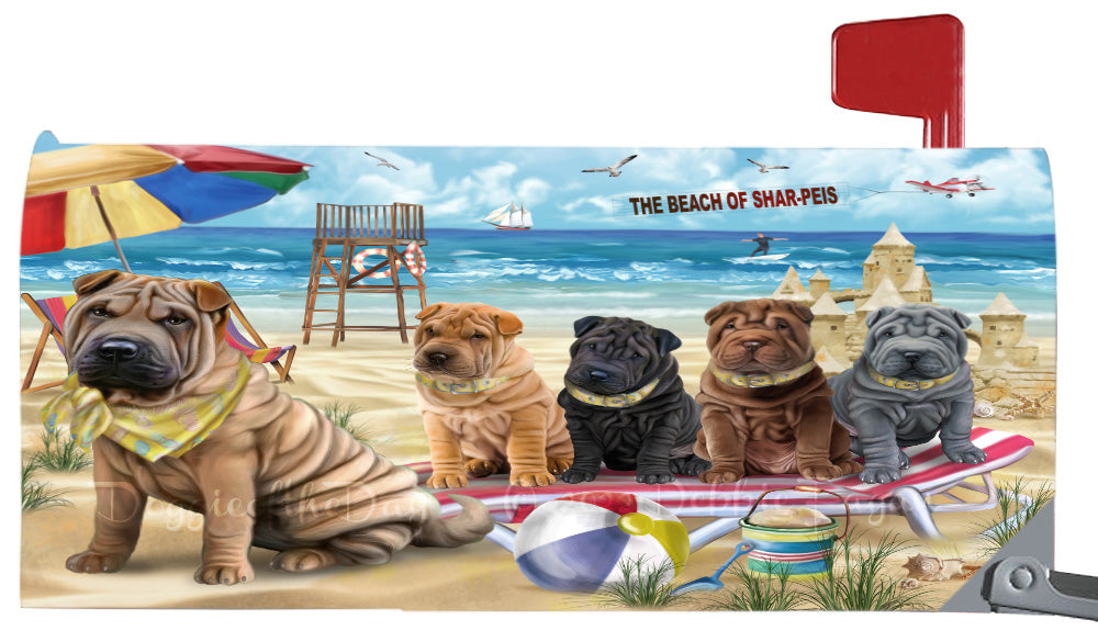 Pet Friendly Beach Shar Pei Dogs Magnetic Mailbox Cover Both Sides Pet Theme Printed Decorative Letter Box Wrap Case Postbox Thick Magnetic Vinyl Material