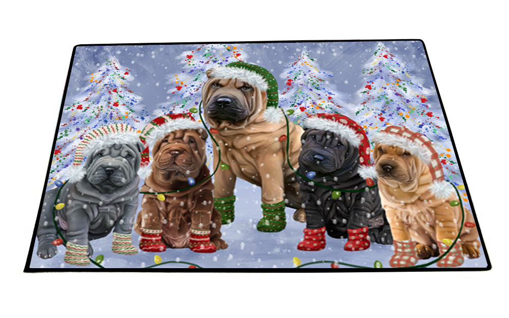 Christmas Lights and Shar Pei Dogs Floor Mat- Anti-Slip Pet Door Mat Indoor Outdoor Front Rug Mats for Home Outside Entrance Pets Portrait Unique Rug Washable Premium Quality Mat