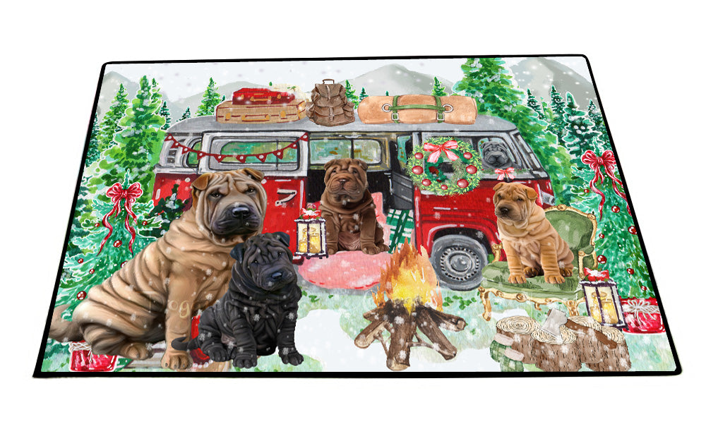 Christmas Time Camping with Shar Pei Dogs Floor Mat- Anti-Slip Pet Door Mat Indoor Outdoor Front Rug Mats for Home Outside Entrance Pets Portrait Unique Rug Washable Premium Quality Mat