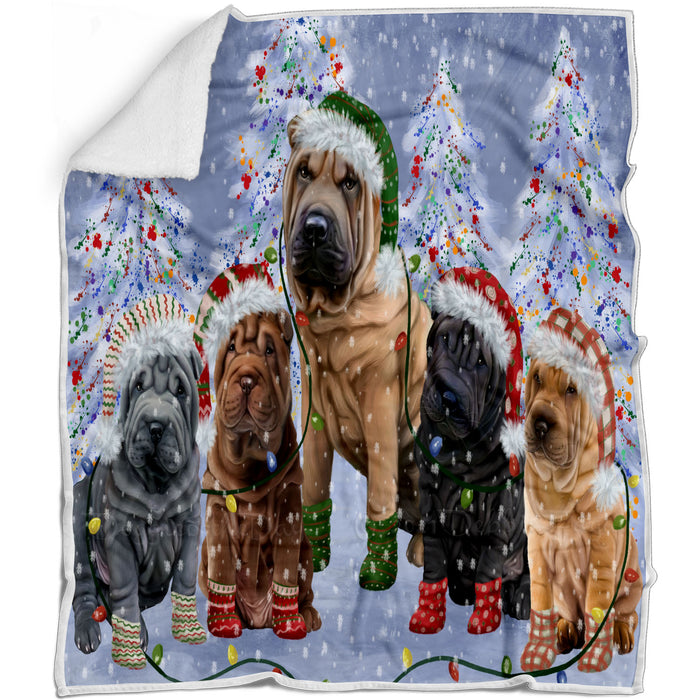 Christmas Lights and Shar Pei Dogs Blanket - Lightweight Soft Cozy and Durable Bed Blanket - Animal Theme Fuzzy Blanket for Sofa Couch
