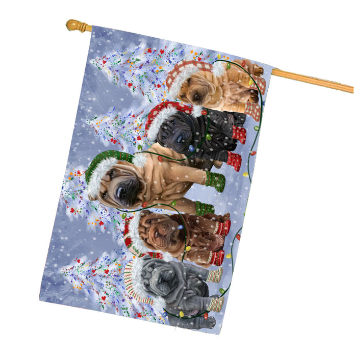 Christmas Lights and Shar Pei Dogs House Flag Outdoor Decorative Double Sided Pet Portrait Weather Resistant Premium Quality Animal Printed Home Decorative Flags 100% Polyester