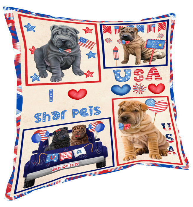 4th of July Independence Day I Love USA Shar Pei Dogs Pillow with Top Quality High-Resolution Images - Ultra Soft Pet Pillows for Sleeping - Reversible & Comfort - Ideal Gift for Dog Lover - Cushion for Sofa Couch Bed - 100% Polyester