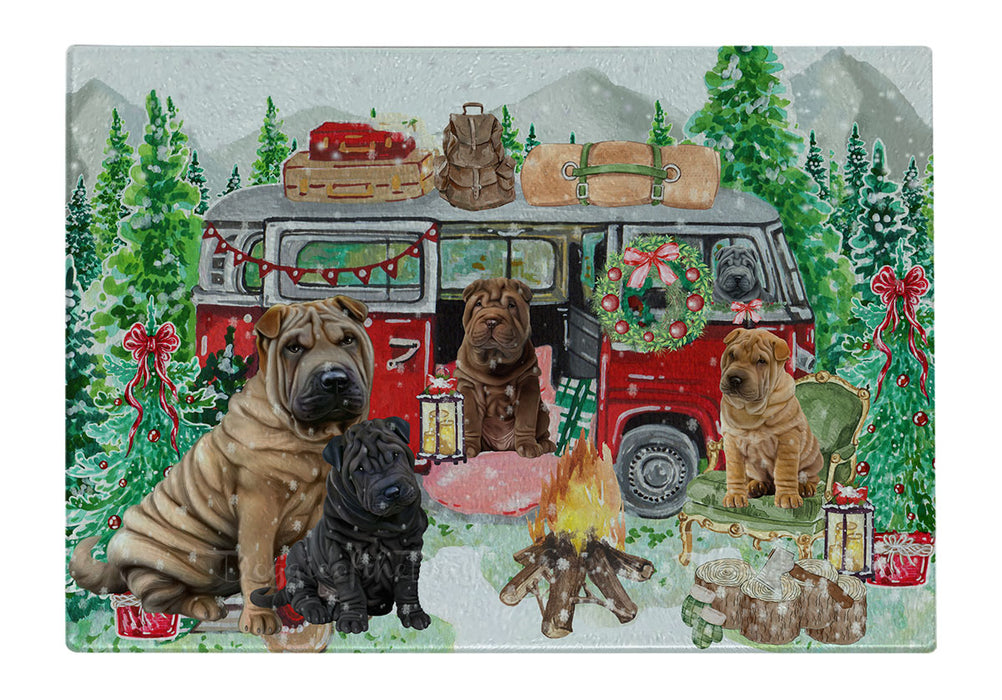 Christmas Time Camping with Shar Pei Dogs Cutting Board - For Kitchen - Scratch & Stain Resistant - Designed To Stay In Place - Easy To Clean By Hand - Perfect for Chopping Meats, Vegetables