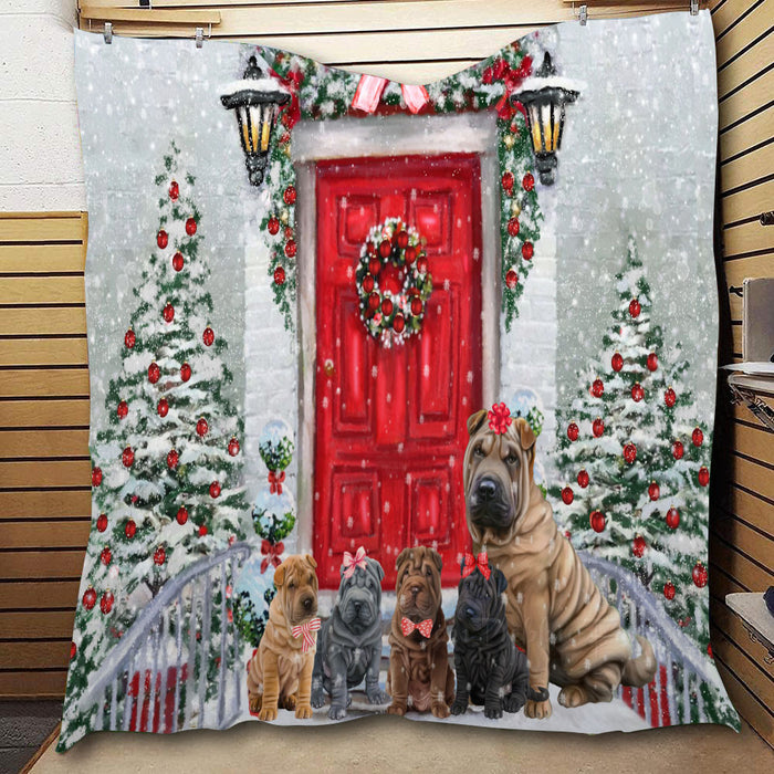 Christmas Holiday Welcome Shar Pei Dogs  Quilt Bed Coverlet Bedspread - Pets Comforter Unique One-side Animal Printing - Soft Lightweight Durable Washable Polyester Quilt