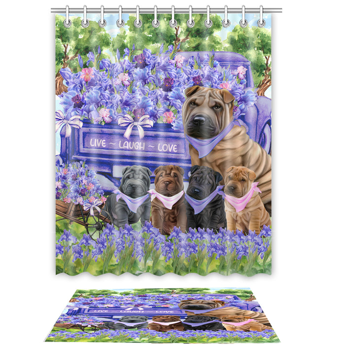 Shar Pei Shower Curtain & Bath Mat Set, Custom, Explore a Variety of Designs, Personalized, Curtains with hooks and Rug Bathroom Decor, Halloween Gift for Dog Lovers