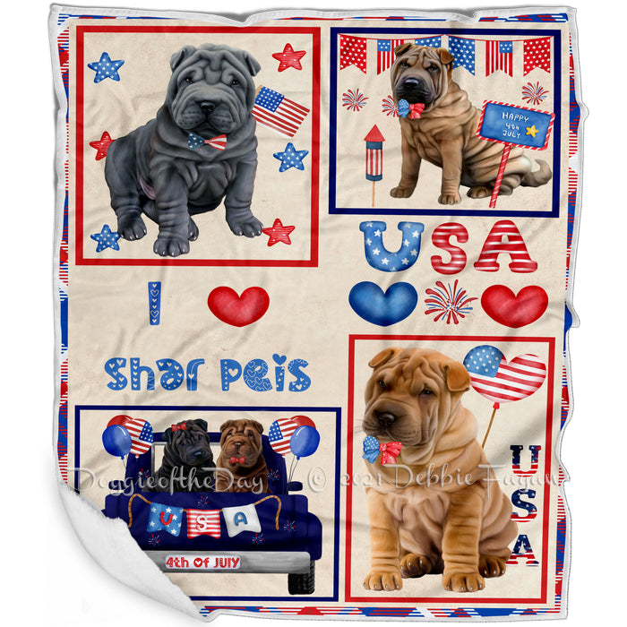 4th of July Independence Day I Love USA Shar Pei Dogs Blanket BLNKT143540