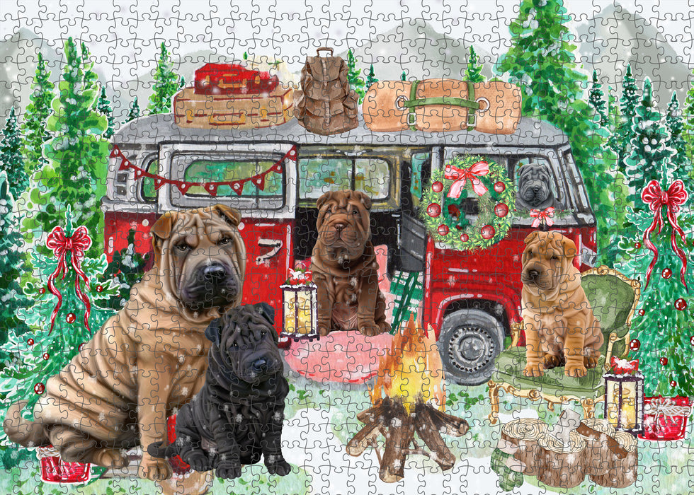 Christmas Time Camping with Shar Pei Dogs Portrait Jigsaw Puzzle for Adults Animal Interlocking Puzzle Game Unique Gift for Dog Lover's with Metal Tin Box