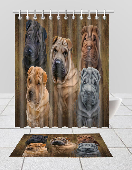 Rustic Shar-Pei Dogs  Bath Mat and Shower Curtain Combo