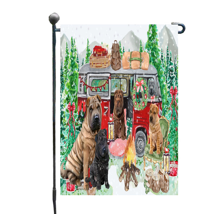 Christmas Time Camping with Shar Pei Dogs Garden Flags- Outdoor Double Sided Garden Yard Porch Lawn Spring Decorative Vertical Home Flags 12 1/2"w x 18"h