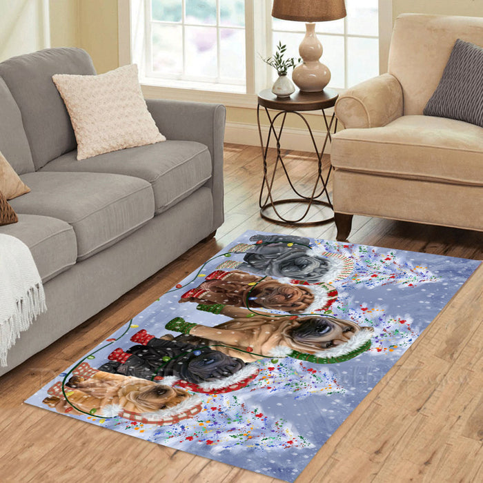 Christmas Lights and Shar Pei Dogs Area Rug - Ultra Soft Cute Pet Printed Unique Style Floor Living Room Carpet Decorative Rug for Indoor Gift for Pet Lovers