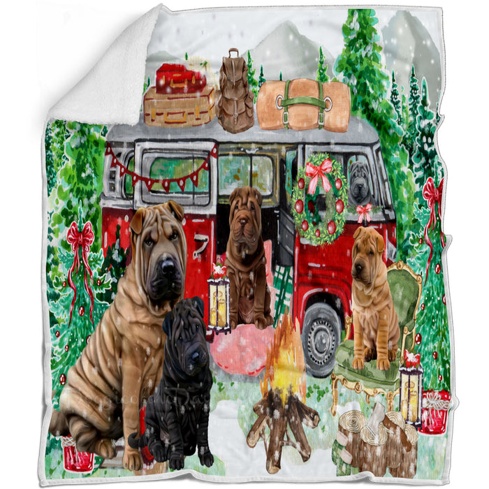 Christmas Time Camping with Shar Pei Dogs Blanket - Lightweight Soft Cozy and Durable Bed Blanket - Animal Theme Fuzzy Blanket for Sofa Couch
