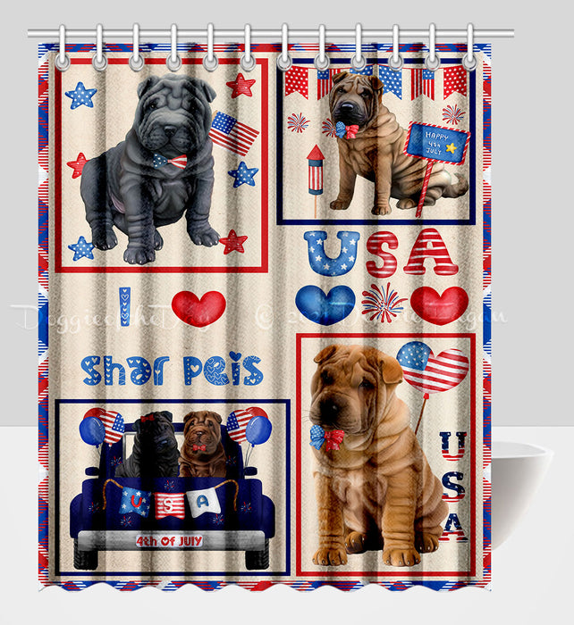 4th of July Independence Day I Love USA Shar Pei Dogs Shower Curtain Pet Painting Bathtub Curtain Waterproof Polyester One-Side Printing Decor Bath Tub Curtain for Bathroom with Hooks