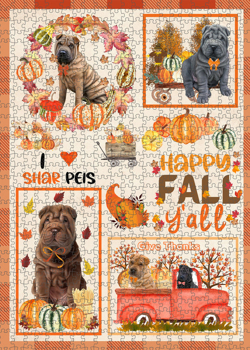 Happy Fall Y'all Pumpkin Shar Pei Dogs Portrait Jigsaw Puzzle for Adults Animal Interlocking Puzzle Game Unique Gift for Dog Lover's with Metal Tin Box