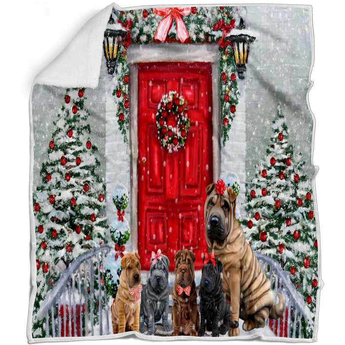 Christmas Holiday Welcome Shar Pei Dogs Blanket - Lightweight Soft Cozy and Durable Bed Blanket - Animal Theme Fuzzy Blanket for Sofa Couch