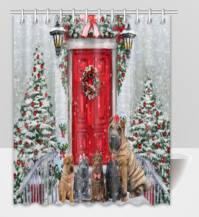 Christmas Holiday Welcome Shar Pei Dogs Shower Curtain Pet Painting Bathtub Curtain Waterproof Polyester One-Side Printing Decor Bath Tub Curtain for Bathroom with Hooks
