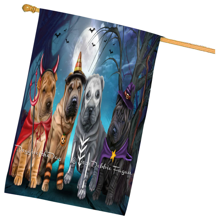 Halloween Trick or Treat Shar Pei Dogs House Flag Outdoor Decorative Double Sided Pet Portrait Weather Resistant Premium Quality Animal Printed Home Decorative Flags 100% Polyester