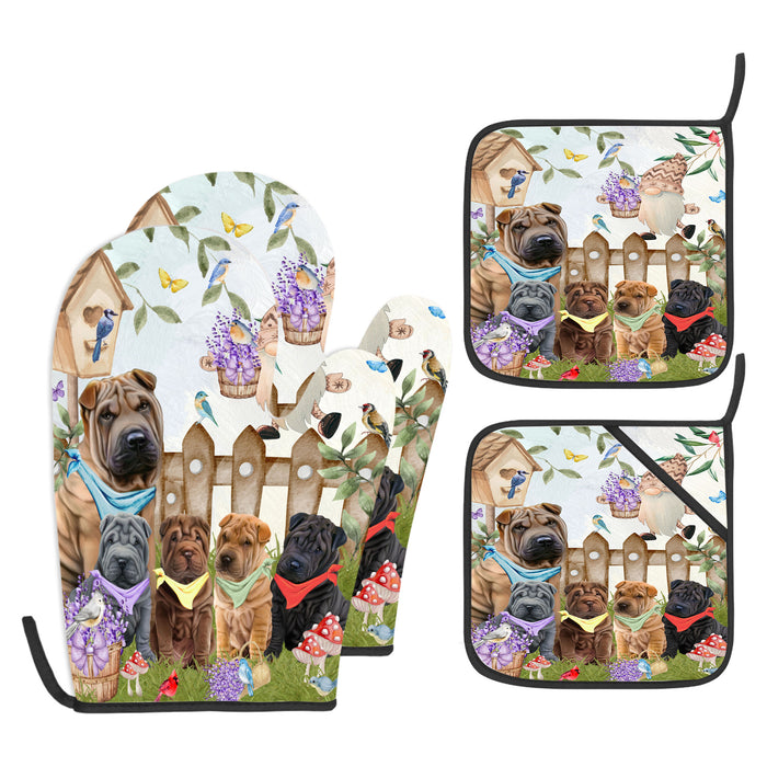 Shar Pei Oven Mitts and Pot Holder Set, Kitchen Gloves for Cooking with Potholders, Explore a Variety of Designs, Personalized, Custom, Dog Moms Gift