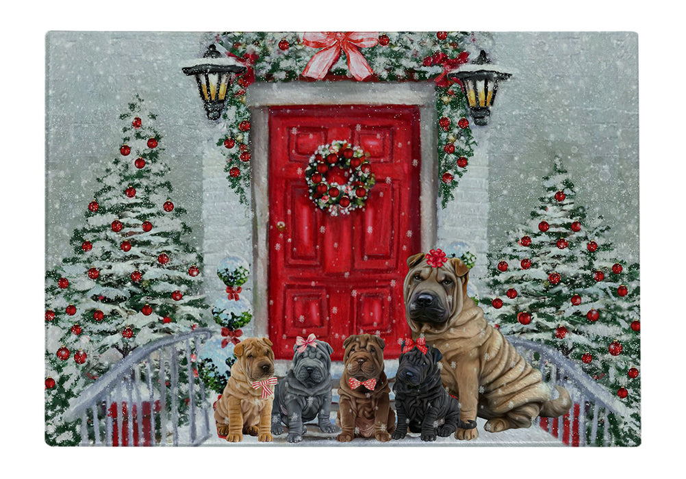 Christmas Holiday Welcome Shar Pei Dogs Cutting Board - For Kitchen - Scratch & Stain Resistant - Designed To Stay In Place - Easy To Clean By Hand - Perfect for Chopping Meats, Vegetables