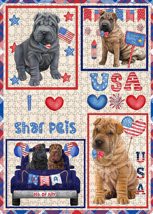 4th of July Independence Day I Love USA Shar Pei Dogs Portrait Jigsaw Puzzle for Adults Animal Interlocking Puzzle Game Unique Gift for Dog Lover's with Metal Tin Box