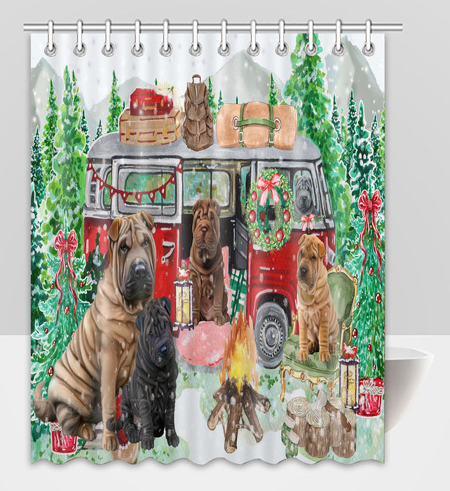 Christmas Time Camping with Shar Pei Dogs Shower Curtain Pet Painting Bathtub Curtain Waterproof Polyester One-Side Printing Decor Bath Tub Curtain for Bathroom with Hooks