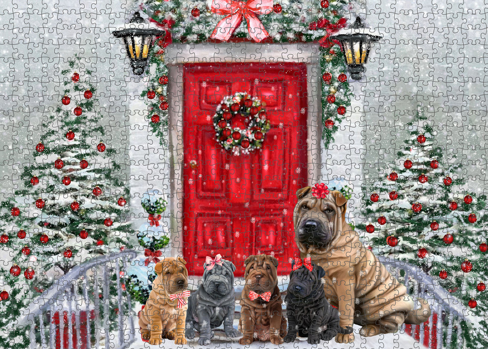 Christmas Holiday Welcome Shar Pei Dogs Portrait Jigsaw Puzzle for Adults Animal Interlocking Puzzle Game Unique Gift for Dog Lover's with Metal Tin Box