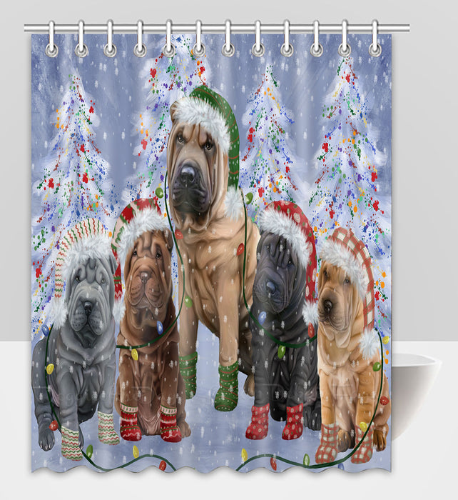 Christmas Lights and Shar Pei Dogs Shower Curtain Pet Painting Bathtub Curtain Waterproof Polyester One-Side Printing Decor Bath Tub Curtain for Bathroom with Hooks