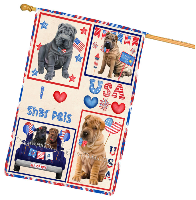 4th of July Independence Day I Love USA Shar Pei Dogs House flag FLG66993