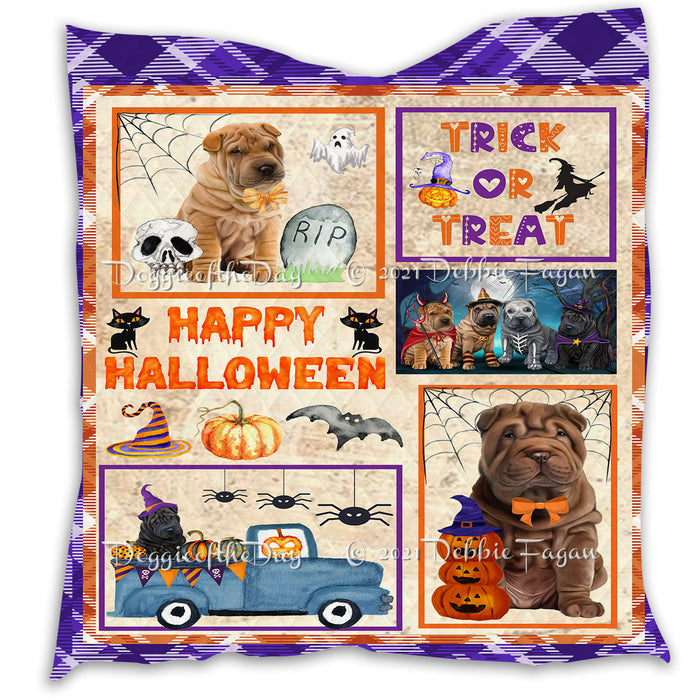 Happy Halloween Trick or Treat Pumpkin Shar Pei Dogs Lightweight Soft Bedspread Coverlet Bedding Quilt QUILT61081