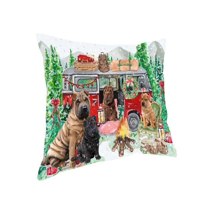 Christmas Time Camping with Shar Pei Dogs Pillow with Top Quality High-Resolution Images - Ultra Soft Pet Pillows for Sleeping - Reversible & Comfort - Ideal Gift for Dog Lover - Cushion for Sofa Couch Bed - 100% Polyester