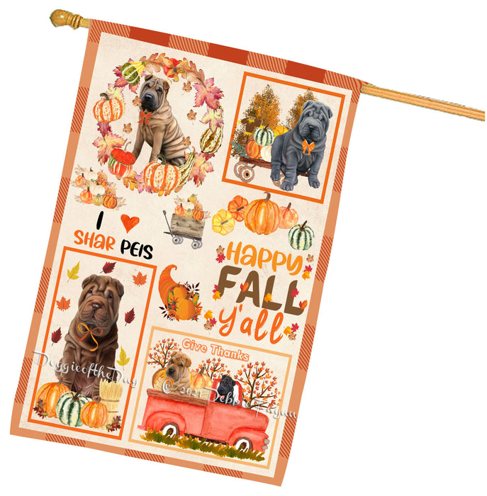Happy Fall Y'all Pumpkin Shar Pei Dogs House Flag Outdoor Decorative Double Sided Pet Portrait Weather Resistant Premium Quality Animal Printed Home Decorative Flags 100% Polyester