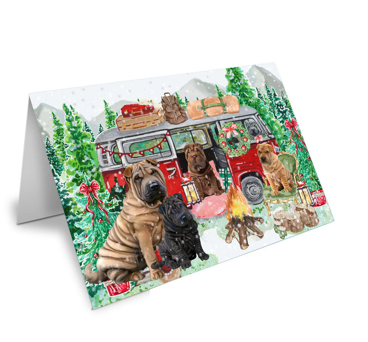 Christmas Time Camping with Shar Pei Dogs Handmade Artwork Assorted Pets Greeting Cards and Note Cards with Envelopes for All Occasions and Holiday Seasons