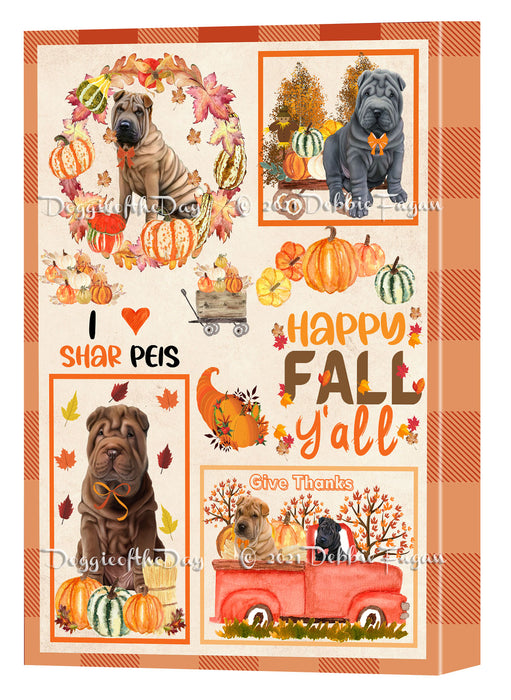 Happy Fall Y'all Pumpkin Shar Pei Dogs Canvas Wall Art - Premium Quality Ready to Hang Room Decor Wall Art Canvas - Unique Animal Printed Digital Painting for Decoration