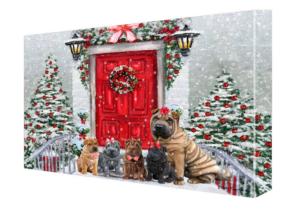 Christmas Holiday Welcome Shar Pei Dogs Canvas Wall Art - Premium Quality Ready to Hang Room Decor Wall Art Canvas - Unique Animal Printed Digital Painting for Decoration