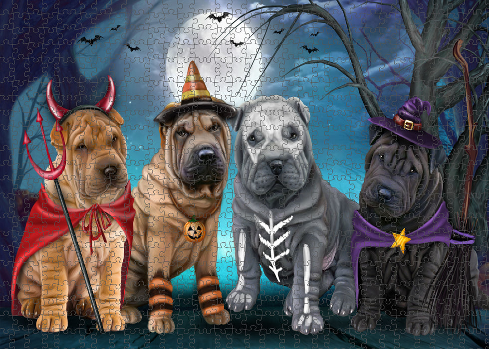 Happy Halloween Trick or Treat Shar Pei Dogs Portrait Jigsaw Puzzle for Adults Animal Interlocking Puzzle Game Unique Gift for Dog Lover's with Metal Tin Box