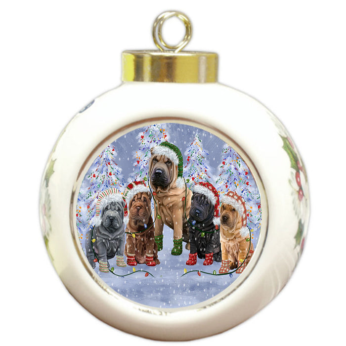 Christmas Lights and Shar Pei Dogs Round Ball Christmas Ornament Pet Decorative Hanging Ornaments for Christmas X-mas Tree Decorations - 3" Round Ceramic Ornament