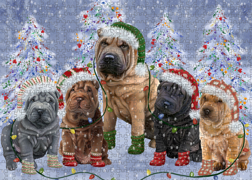 Christmas Lights and Shar Pei Dogs Portrait Jigsaw Puzzle for Adults Animal Interlocking Puzzle Game Unique Gift for Dog Lover's with Metal Tin Box