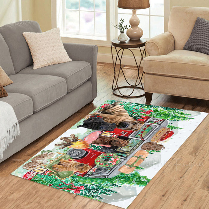 Christmas Time Camping with Shar Pei Dogs Area Rug - Ultra Soft Cute Pet Printed Unique Style Floor Living Room Carpet Decorative Rug for Indoor Gift for Pet Lovers
