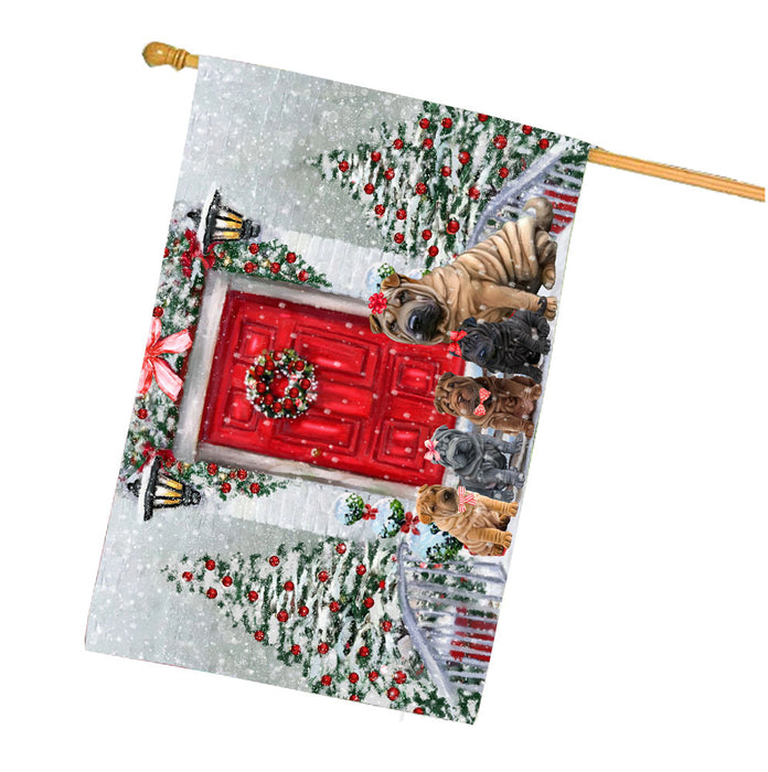 Christmas Holiday Welcome Shar Pei Dogs House Flag Outdoor Decorative Double Sided Pet Portrait Weather Resistant Premium Quality Animal Printed Home Decorative Flags 100% Polyester