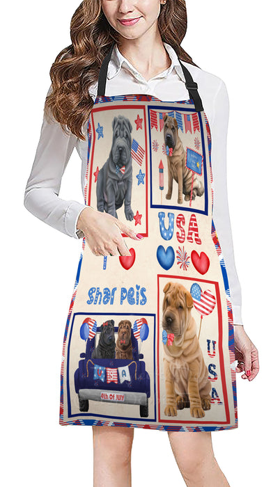 4th of July Independence Day I Love USA Shar Pei Dogs Apron - Adjustable Long Neck Bib for Adults - Waterproof Polyester Fabric With 2 Pockets - Chef Apron for Cooking, Dish Washing, Gardening, and Pet Grooming