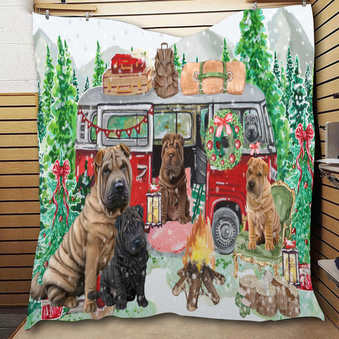 Christmas Time Camping with Shar Pei Dogs  Quilt Bed Coverlet Bedspread - Pets Comforter Unique One-side Animal Printing - Soft Lightweight Durable Washable Polyester Quilt