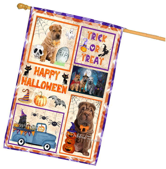 Happy Halloween Trick or Treat Shar Pei Dogs House Flag Outdoor Decorative Double Sided Pet Portrait Weather Resistant Premium Quality Animal Printed Home Decorative Flags 100% Polyester