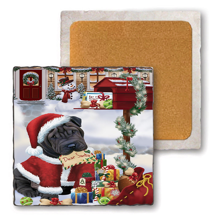 shar Pei Dog Dear Santa Letter Christmas Holiday Mailbox Set of 4 Natural Stone Marble Tile Coasters MCST48924