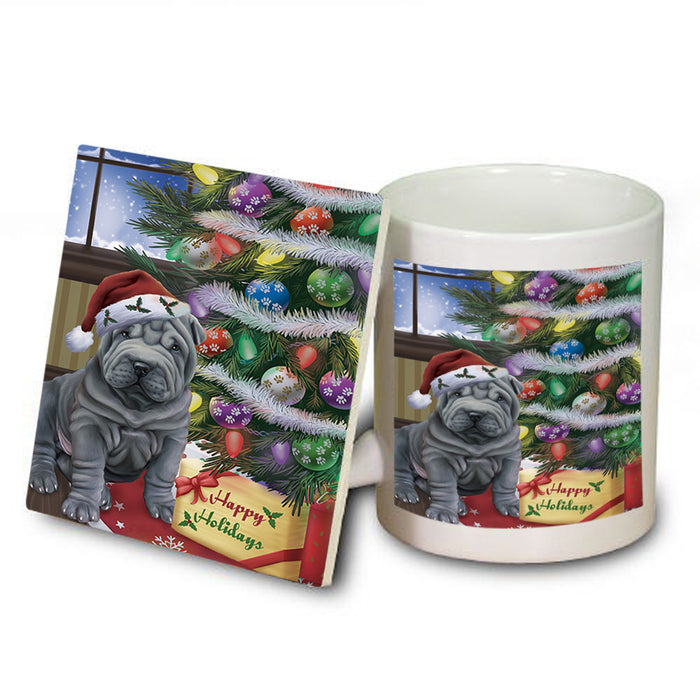 Christmas Happy Holidays Shar Pei Dog with Tree and Presents Mug and Coaster Set MUC53847