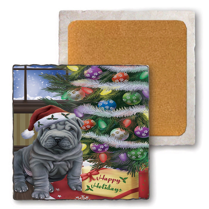 Christmas Happy Holidays Shar Pei Dog with Tree and Presents Set of 4 Natural Stone Marble Tile Coasters MCST48855