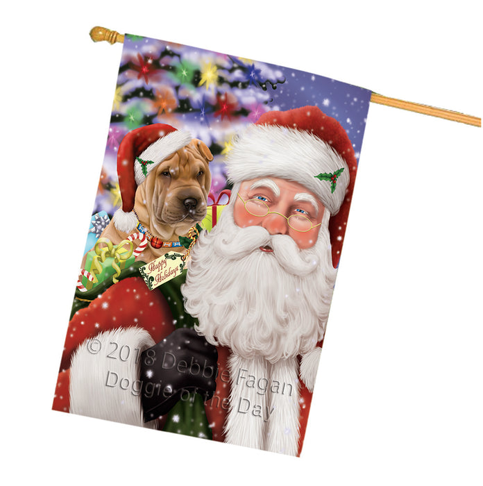 Santa Carrying Shar Pei Dog and Christmas Presents House Flag FLG54211