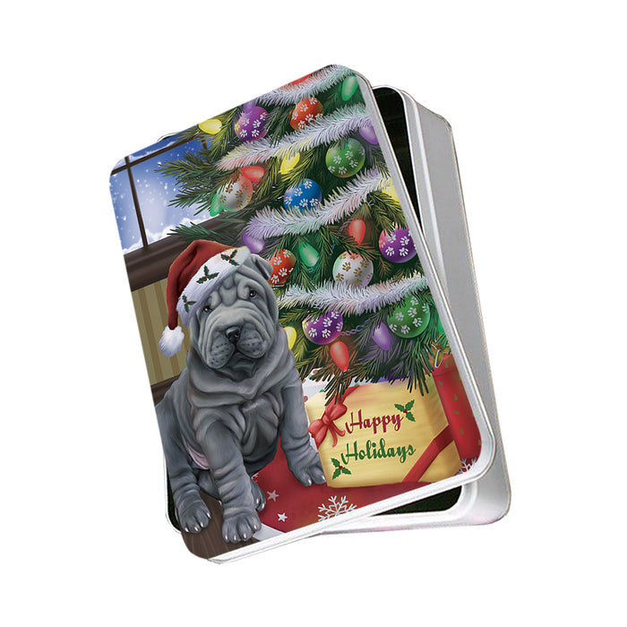 Christmas Happy Holidays Shar Pei Dog with Tree and Presents Photo Storage Tin PITN53798