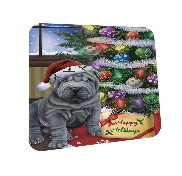 Christmas Happy Holidays Shar Pei Dog with Tree and Presents Coasters Set of 4 CST53813