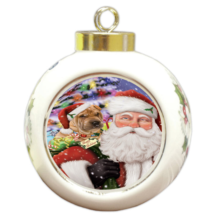 Santa Carrying Shar Pei Dog and Christmas Presents Round Ball Christmas Ornament RBPOR54013