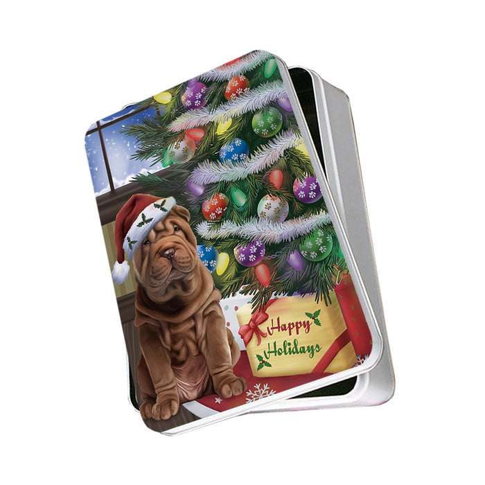 Christmas Happy Holidays Shar Pei Dog with Tree and Presents Photo Storage Tin PITN53799